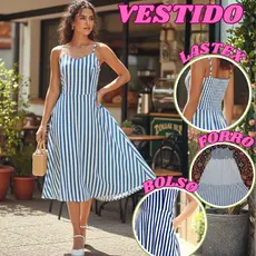 Vestido Listrado Midi feminino  Duna lastex e bolso