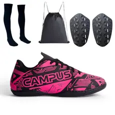 Kit Chuteira Futsal Profissional Campu´s Quadra COM Meião Caneleira e Mochila Resistênte Borracha
