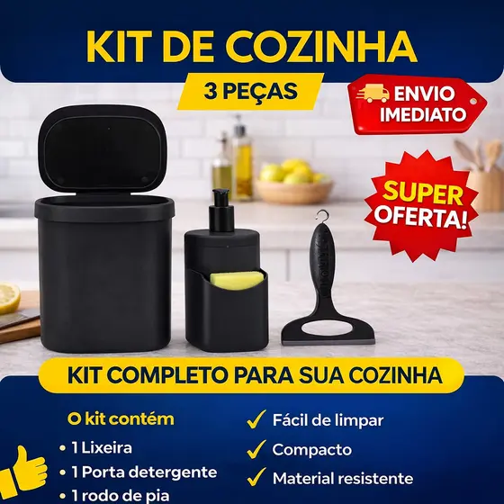 Kit Pia De Cozinha Com Lixeira 3,5 Litros e Dispenser de Rodinho Porta Detergente 500 ML Porta Bucha
