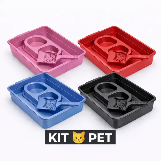 Kit 4 3 2 Caixas Areia Gatos Bandejas Comedouros Duplo Comida Água Pá Higiênica Rosto Gatinho