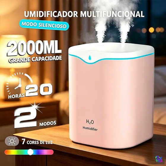 Umidificador De Ar Grande 2000ML E Aromatizador De Ambiente Ultrassônico Portátil Usb Luz Led