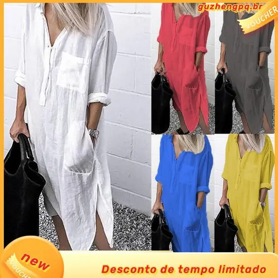 Mulheres E # 39 ; s Primavera Outono Vestido Csa Solto 2023 Casual Manga Longa Bu tton Midi Vestidos Plus Size