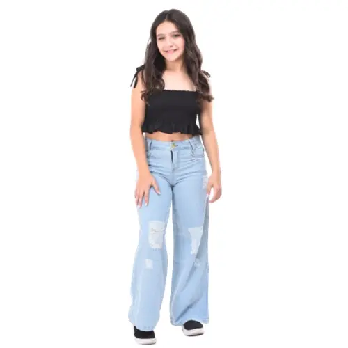 Calça jeans infantil wide leg folgada pantalona com rasgos