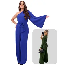 Macacão Feminino Pantalona Wide leg Festa Manga Única Com Laço