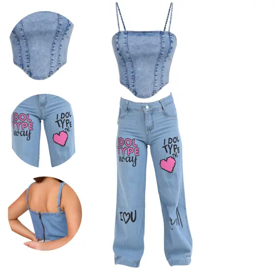 Conjunto Jeans Infantil Cropped e Calça  Fashion Blogueirinha
