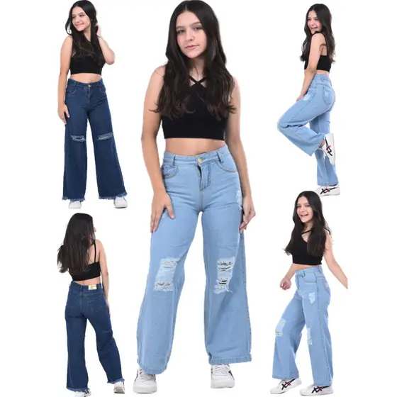 Kit  Calça Jeans pantalona destroyed  wide leg  Feminina  Juvenil Menina Flare Blogueirinha.