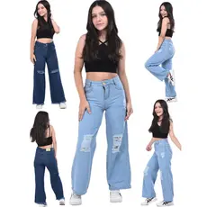Kit  Calça Jeans pantalona destroyed  wide leg  Feminina  Juvenil Menina Flare Blogueirinha.
