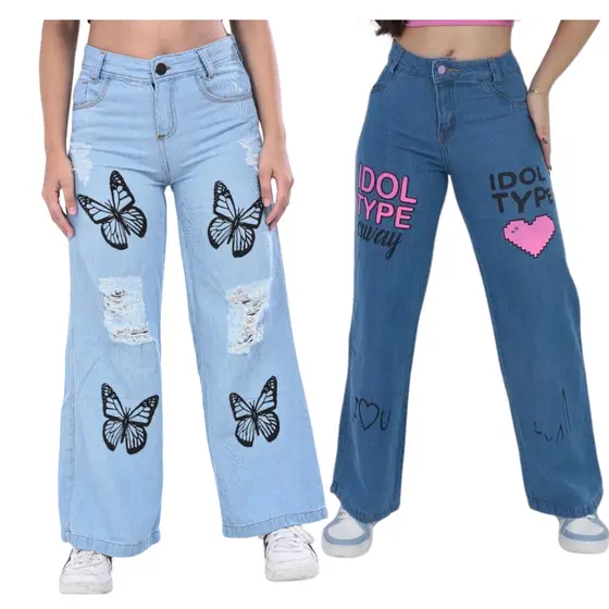 Kit 2 calça jeans wide leg balão infantil juvenil meninas adolescente