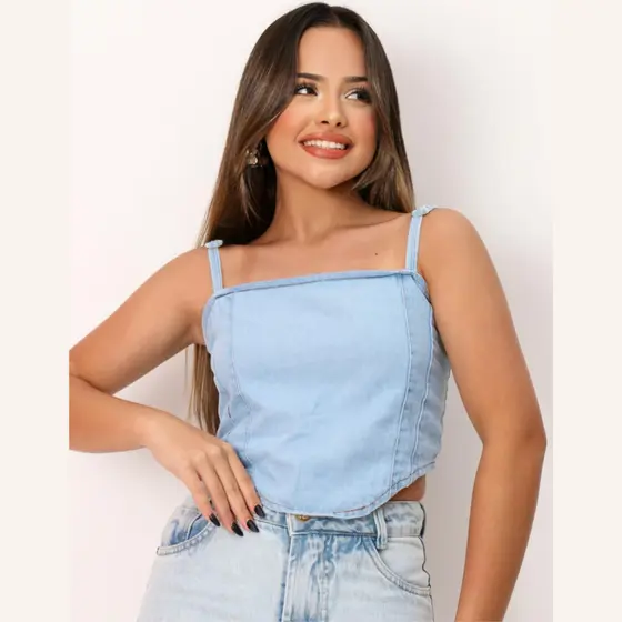 Croped top jeans Feminino infantil juvenil com zíper alcinha do 10 aos 16