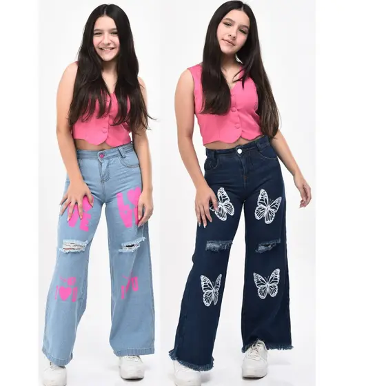 calça jeans pantalona feminina estampada wide leg infantil menina