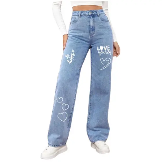 Calça jeans feminina wide leg infantil juvenil com escritas estampada
