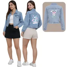 Conjunto Short Saia Jeans Colorida + Jaqueta Jeans Estampada Marmorizada Infantil e Juvenil