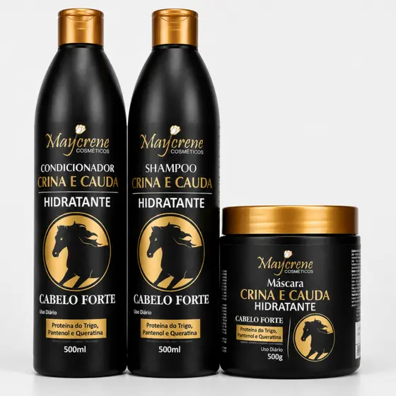 Kit Crina e cauda Shampoo Condicionador Máscara de hidratação Crescimento Cabelo Forte Maycrene
