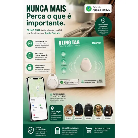 SLING TAG Localizador Inteligente Bluetooth Compatível com Apple Find My | Nunca Perca Chaves, Mochilas, Malas e Pets