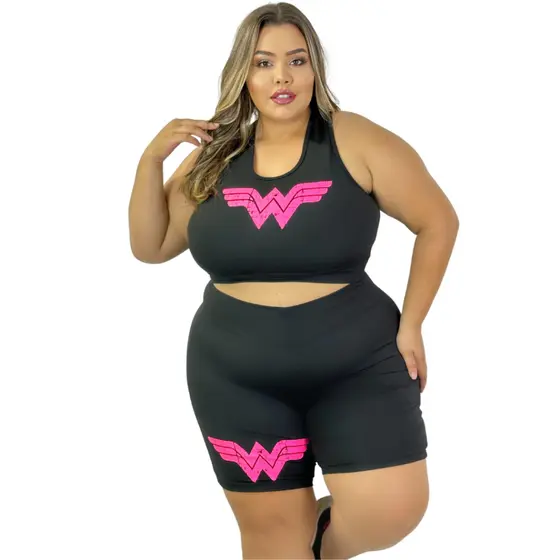 Conjunto Fitness Plus Size 44 ao 54 Short Ciclista e Top Academia Curves Feminino