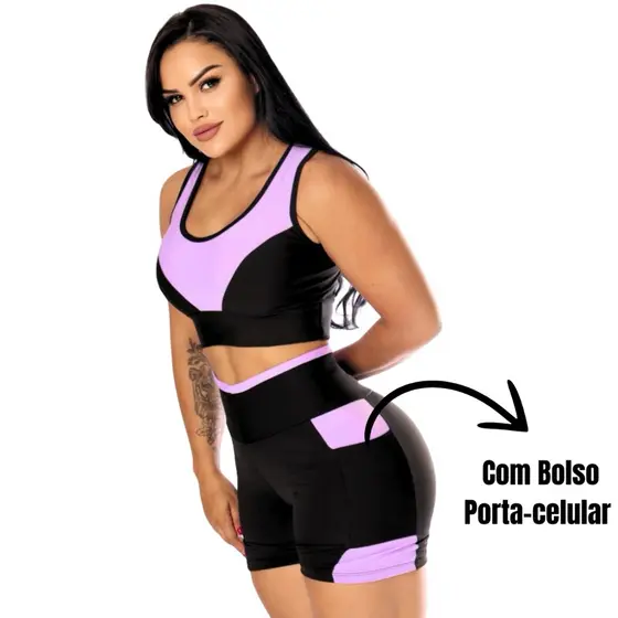 Conjunto Fitness Short c/Bolso + Top Roupa de academia feminina