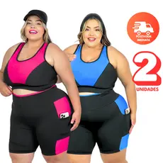 Kit 2 Conjuntos Fitness Plus Size Top e Short com Bolso para Academia Curves feminino G ao EXGG