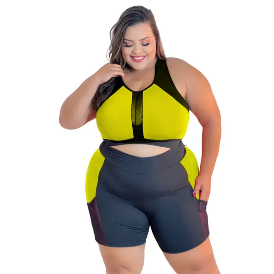Conjunto Fitness Plus Size Top + Short Ciclista com bolso tela Academia Feminino Curves GG AO EXGG