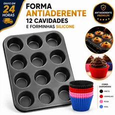 Forma Assadeira Teflon Antiaderente 12 Cavidades + Forminha Cupcakes Silicone Bolinhos Muffins Pão De Queijo Cake
