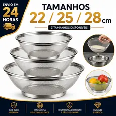 Cesto De Inox Escorredor 22 25 E 28CM Para Lavar Alimentos Arroz Legumes Frutas Massas Resistente Multiuso