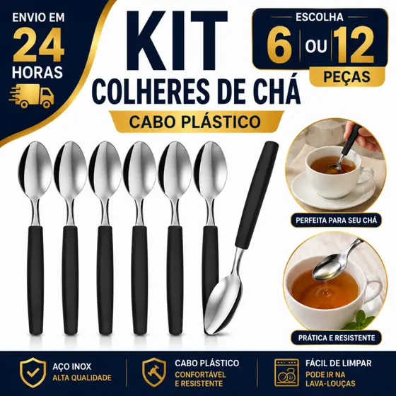 Kit 6/12 Colher Colheres de Chá Café Em Inox Cabo de Plástico Resistente Qualidade Premium