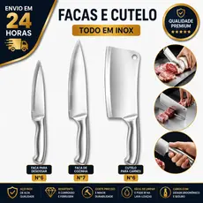 Kit Faca Toda Em Aço Inox Escovado Cutelo N°6 Faca Peixeira N°6 N°7 Cozinha Açougue