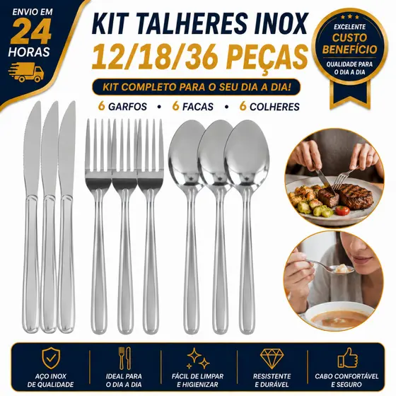 Kit Jogo De Talheres Inox 12/18/36 Garfo Faca De Serra E Colher De Mesa Talher De Mesa Faqueiro Cozinha