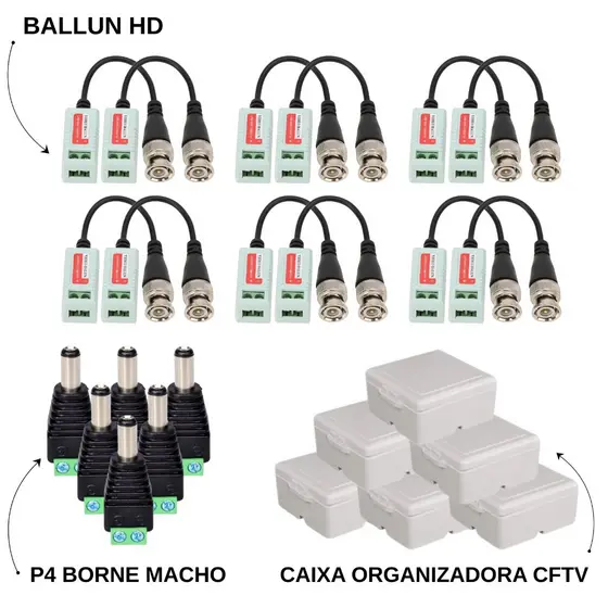 Kit com 6 Pares de Vídeo Balun (Parafuso) + 6 Caixas Sobrepor + 6 Conectores P4 Borne