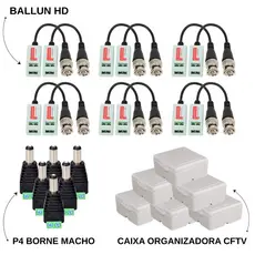 Kit com 6 Pares de Vídeo Balun (Parafuso) + 6 Caixas Sobrepor + 6 Conectores P4 Borne