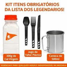 Kit Itens Obrigatórios da Lista dos Legendários – 300g de Cal Virgem + Jogo Talheres + Caneca Inox 500ml para Trilha,
