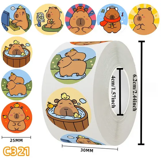 500PCS/Roll Cute Cartoon Gordura Capybara Rolo De Adesivos Para Capacete De Bicicleta Decalques De Lápis LanLanStickers