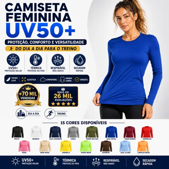 Camisa Feminina Proteção Solar Uv+50 Camiseta Segunda Pele Térmica Longa Moda Praia Promoção Blusa
