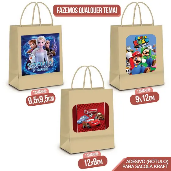 Kit Rótulo Adesivo p/ personalizar sacolas Kraft - QUALQUER TEMA - Adesivo com brilho