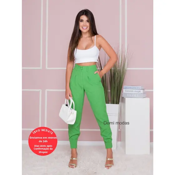 Domi Modas Calça Cenoura Jogger De Linho com ziper na perna tendencia moda L816