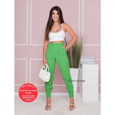 Domi Modas Calça Cenoura Jogger De Linho com ziper na perna tendencia moda L816