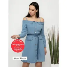 Domi Modas Vestido Jeans com laço lançamento da moda 7282/7252
