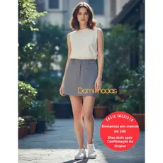 Domi Modas Short Saia Louis Twill Cintura Alta Detalhe com Bolsos Frontais Fake 1810