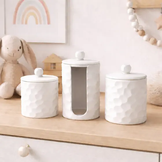 Kit Higiene Bebê Criança Luxo 3 Peças Porta Algodão Cotonete e Laços Maquiagem Organizador Decorativo Infantil