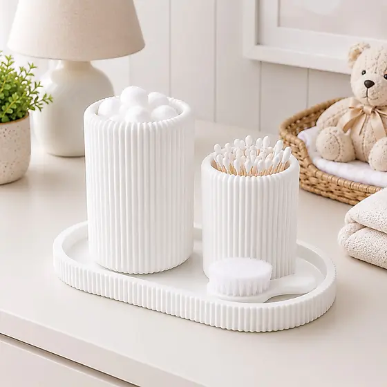 Kit Organizador Higiene Bebê Com Bandeja E 2 Porta Objetos Para Algodão Cotonetes Trocador Quarto Infantil Maternidade