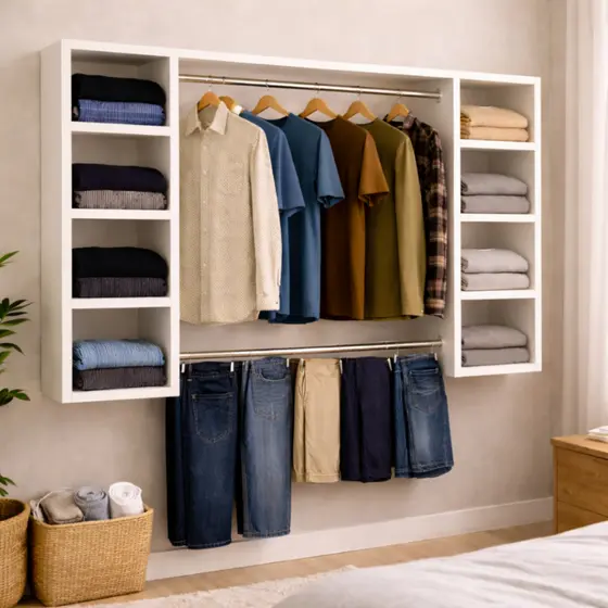 Kit Closet Aberto com Estantes Laterais e Duplo Suportes para Cabides Organizador de Roupas