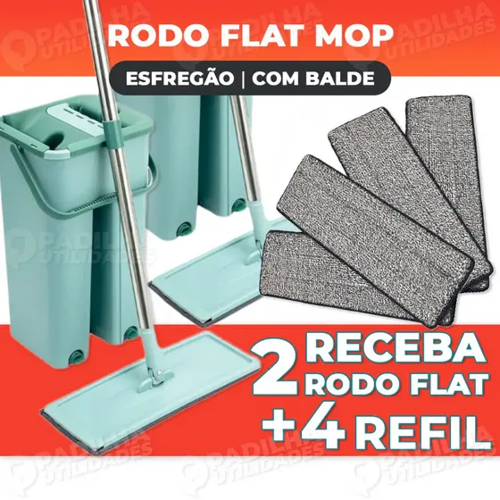 Kit Rodo Flat Mop + Refis Esfregão Com Balde Rodo Mágico Lava Seca Tira Pó