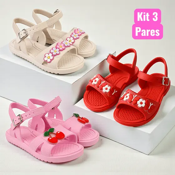 Kit 3 Pares Sandália Infantil Menina Confortável Rasteirinha Kids