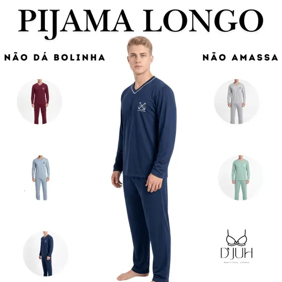 Pijama Masculino Manga Longa de Inverno com Calça Adulto Malha Lisa Premium P M G GG D´Juh