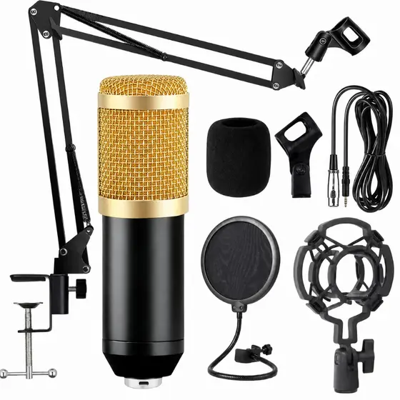 Kit Profissional Microfone Condensador BM800 Braço Articulado Pop filter Shock Mount Podcast