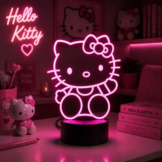 Luminária Led 3d | Hello Kitty | Abajur Infantil Menina Multicores