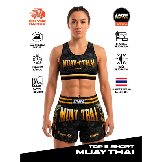 Top e Short Conjunto Muay Thai Treino Dragon Thai Dourado Feminino