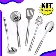 Kit 5 inox Peças Premium Concha + Escumadeira + Espátula Vazada + Pegador de Massa/ Cozinha Inox com