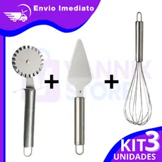 Kit 3 Peças Inox Cozinha - Cortador de Massas, Espátula para Bolo, Fouet Ovo Aço Premium