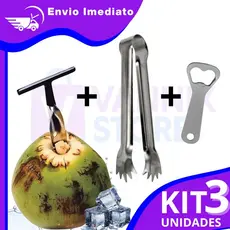 Fura Coco + Pegador de Gelo + Abridor de Garrafas Inox