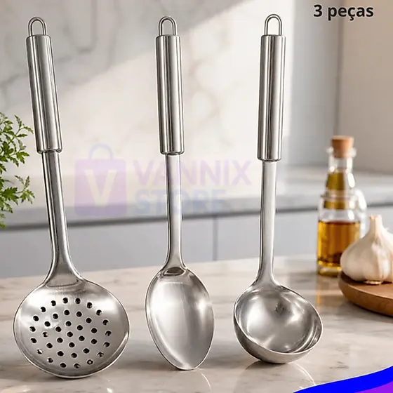 Conjunto Cozinha Inox Escumadeira, Colher de Arroz e Concha de Feijão